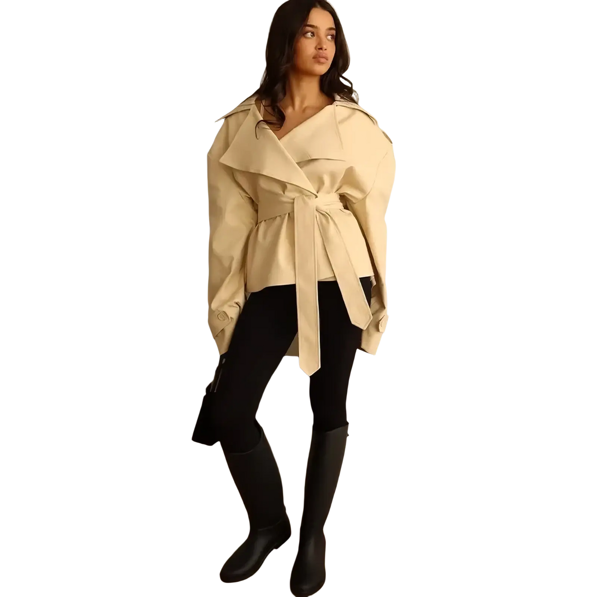 Beige belted cropped trench coat for women with wide lapels and a structured silhouette windbreaker design