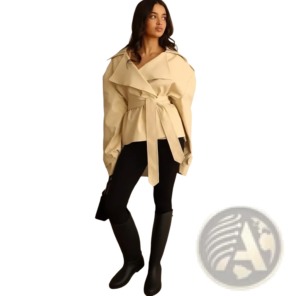 Beige belted cropped trench coat for women with wide lapels and a structured silhouette windbreaker design