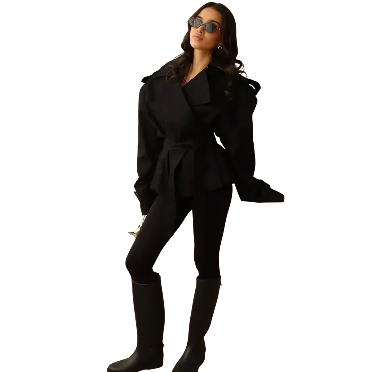 Black belted cropped trench coat for women with voluminous sleeves and ruffled collar designed as a lapel windbreaker