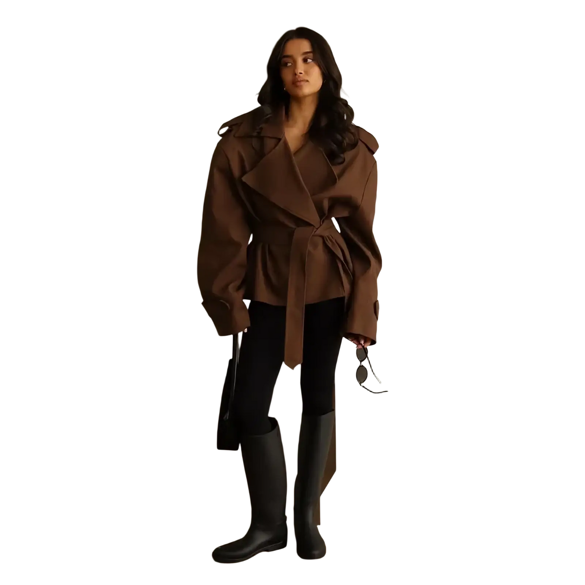 Brown oversized cropped trench coat for women with belted waist and wide lapels ideal as a lapel windbreaker