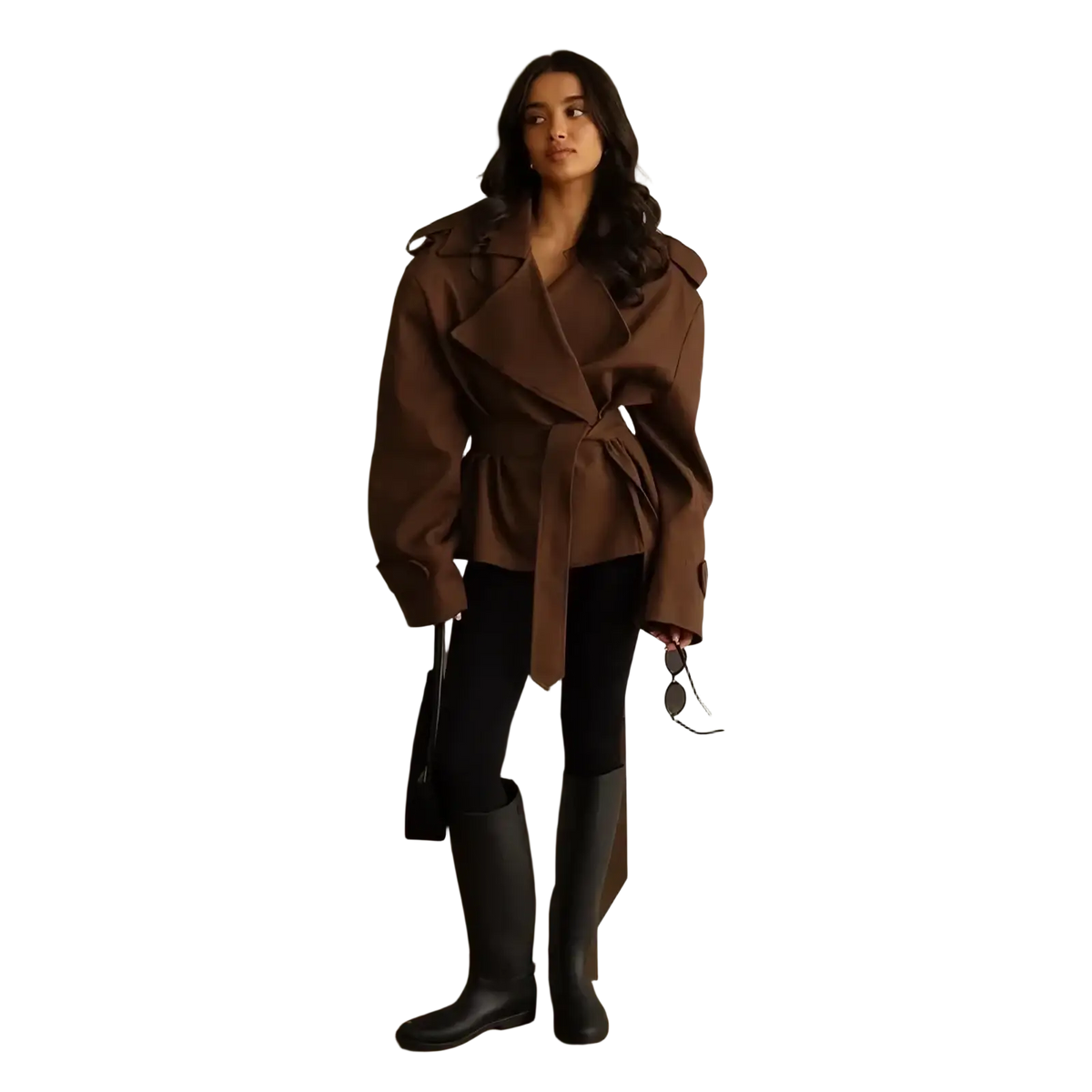 Brown oversized cropped trench coat for women with belted waist and wide sleeves ideal as a lapel windbreaker
