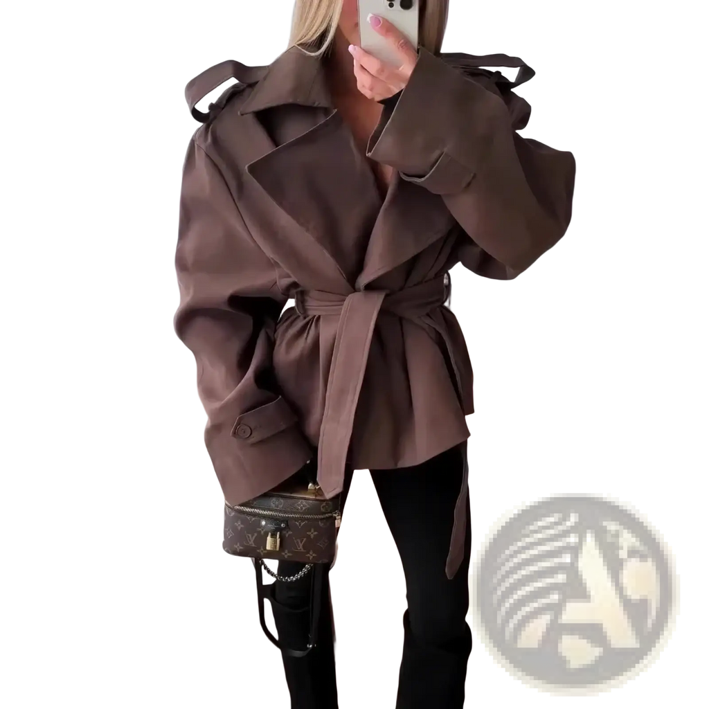 Brown oversized cropped trench coat for women with belted waist and structured shoulders windbreaker style