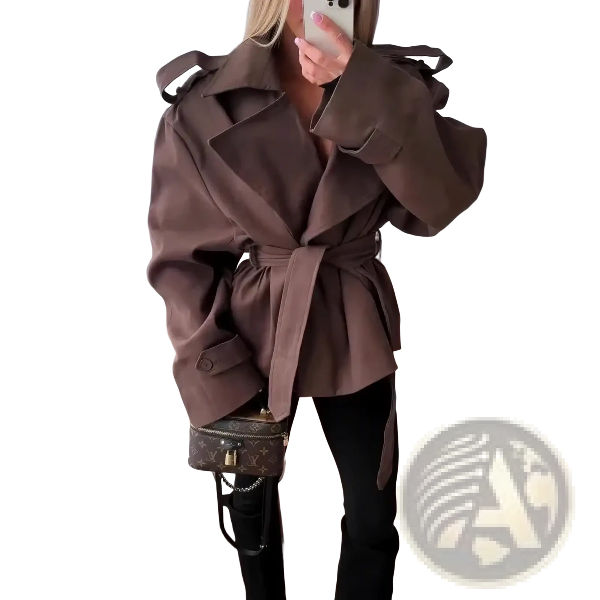 Brown oversized cropped trench coat for women with belted waist and structured shoulders windbreaker style