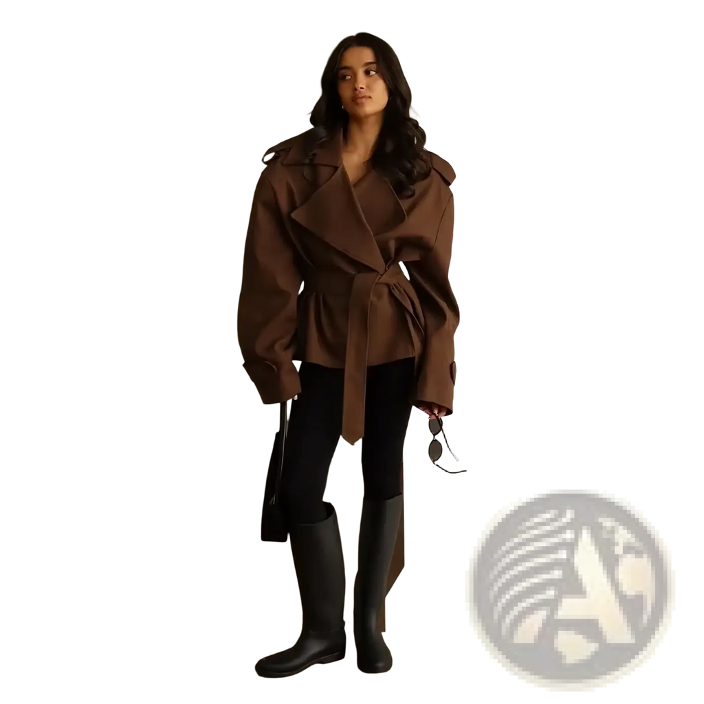Brown oversized cropped trench coat for women with belted waist and wide sleeves ideal as a lapel windbreaker