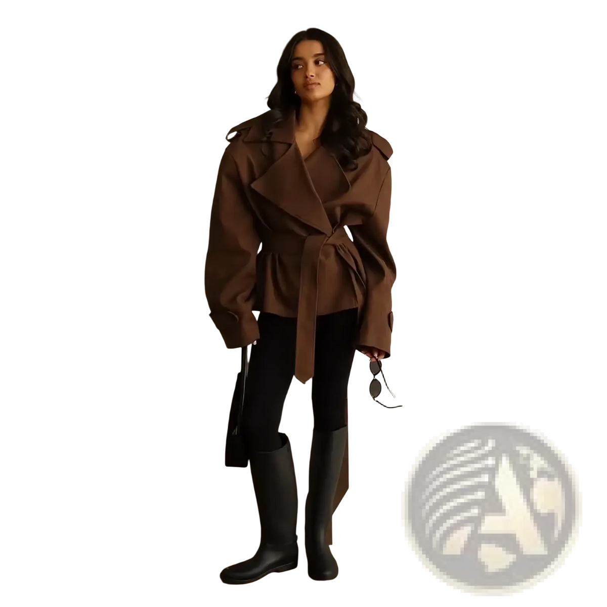 Brown oversized cropped trench coat for women with belted waist and wide sleeves ideal as a lapel windbreaker