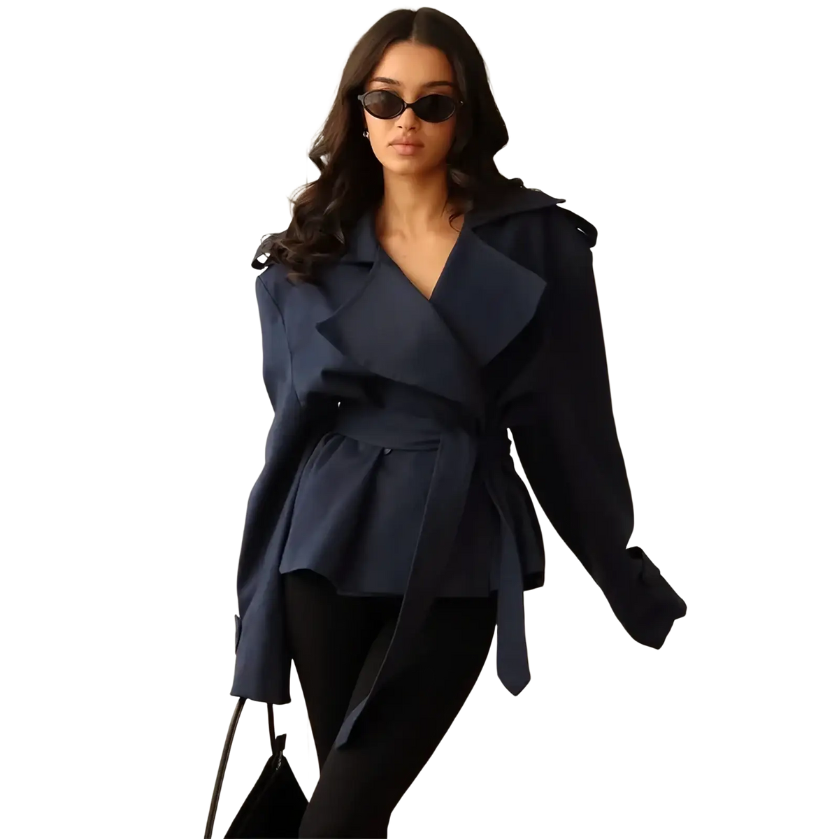 Navy blue cropped trench coat for women with wide lapels, belted waist, and long sleeves windbreaker design