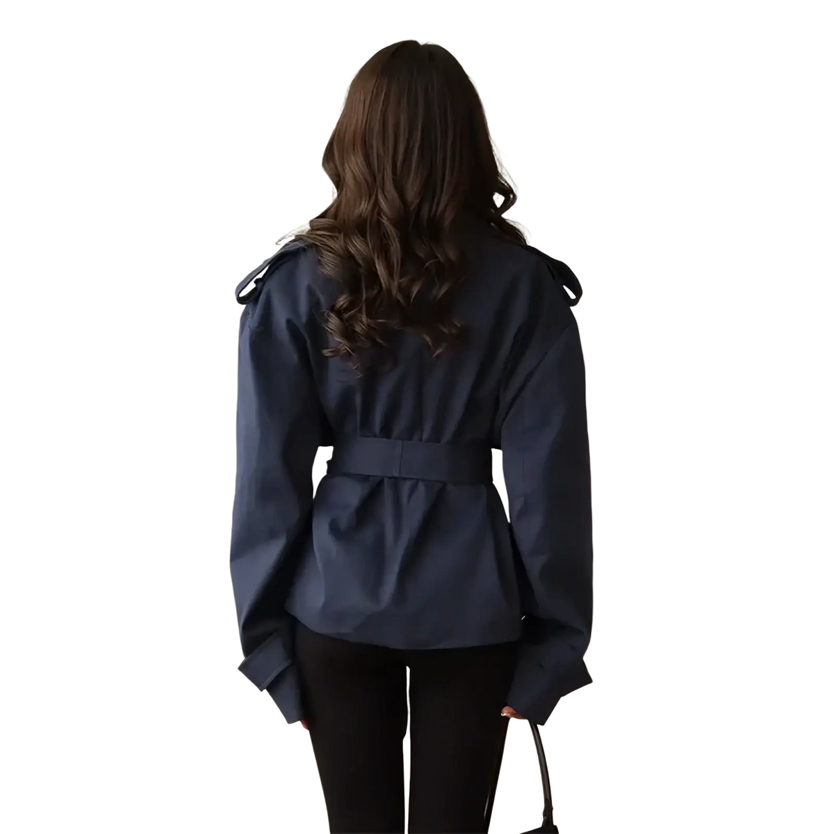 Navy blue cropped trench coat women lapel windbreaker with belted blouse shoulder straps and long sleeves visible from front