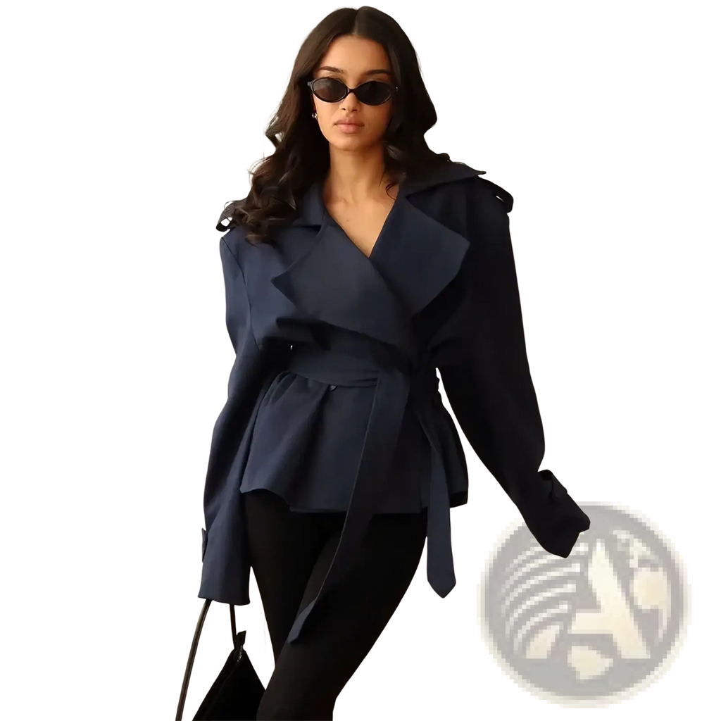 Navy blue cropped trench coat for women with belted waist, ruffled sleeves, peplum hem, and lapel windbreaker style