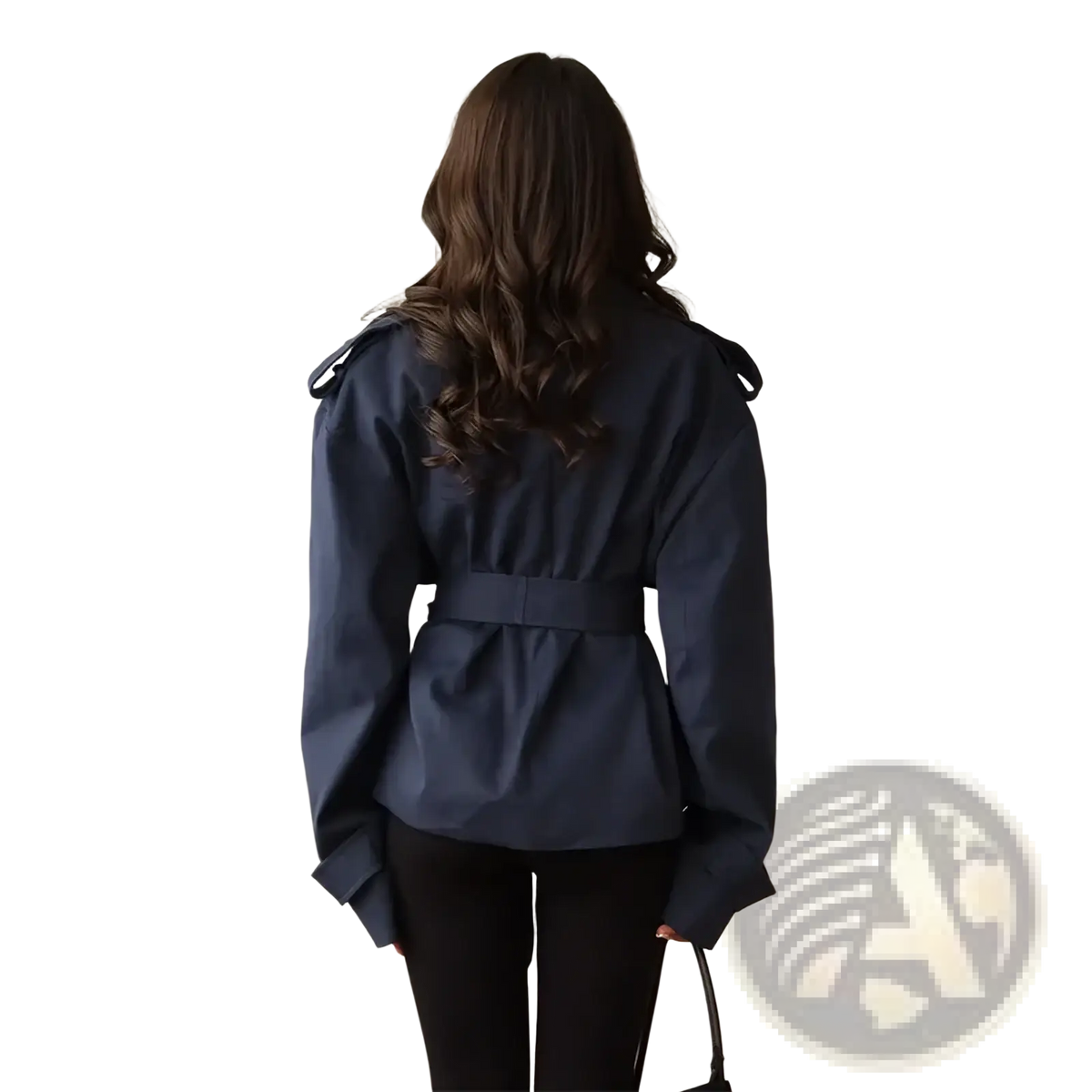 Navy blue cropped trench coat women lapel windbreaker with belted blouse shoulder straps and long sleeves visible from front