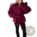 A structured deep burgundy cropped trench coat for women with voluminous sleeves and a belted waist lapel windbreaker
