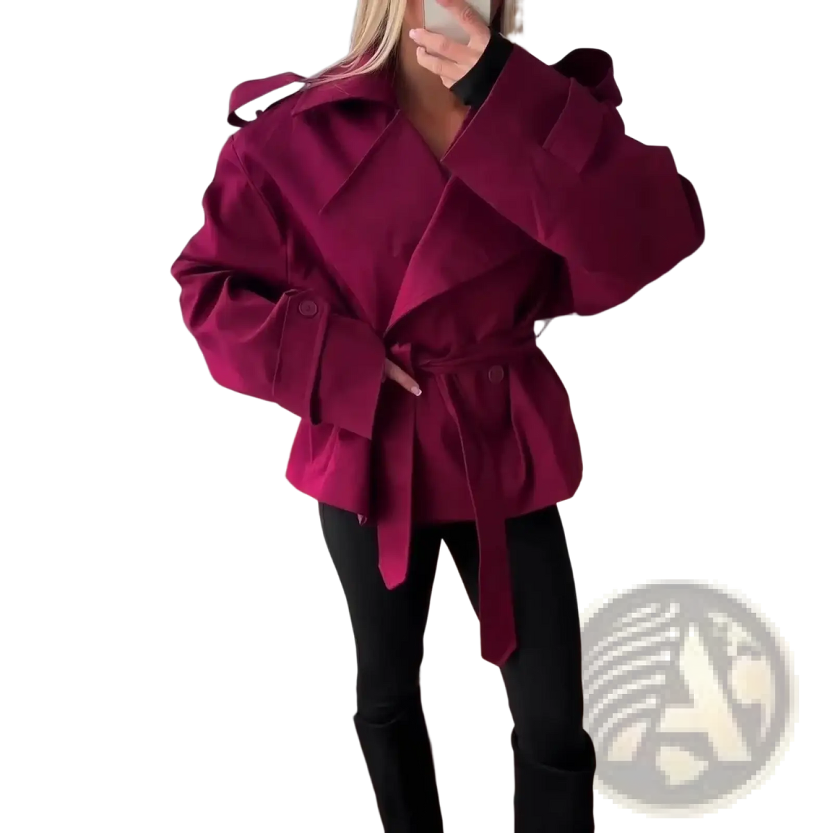 A structured deep burgundy cropped trench coat for women with voluminous sleeves and a belted waist lapel windbreaker