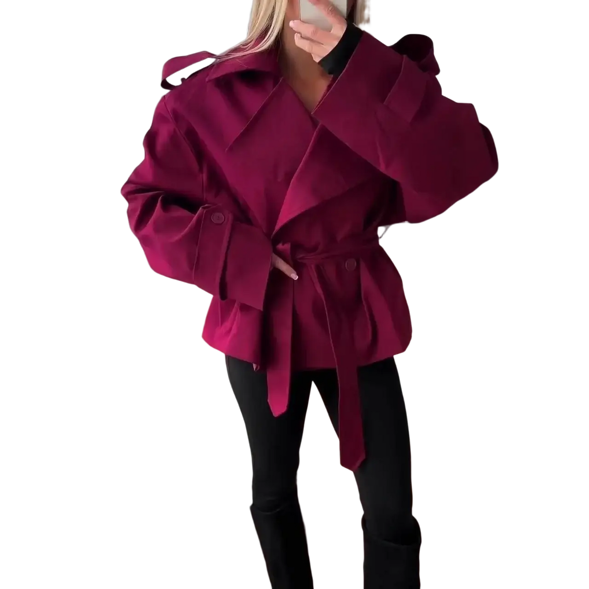A structured deep burgundy cropped trench coat for women with voluminous sleeves and a belted waist lapel windbreaker