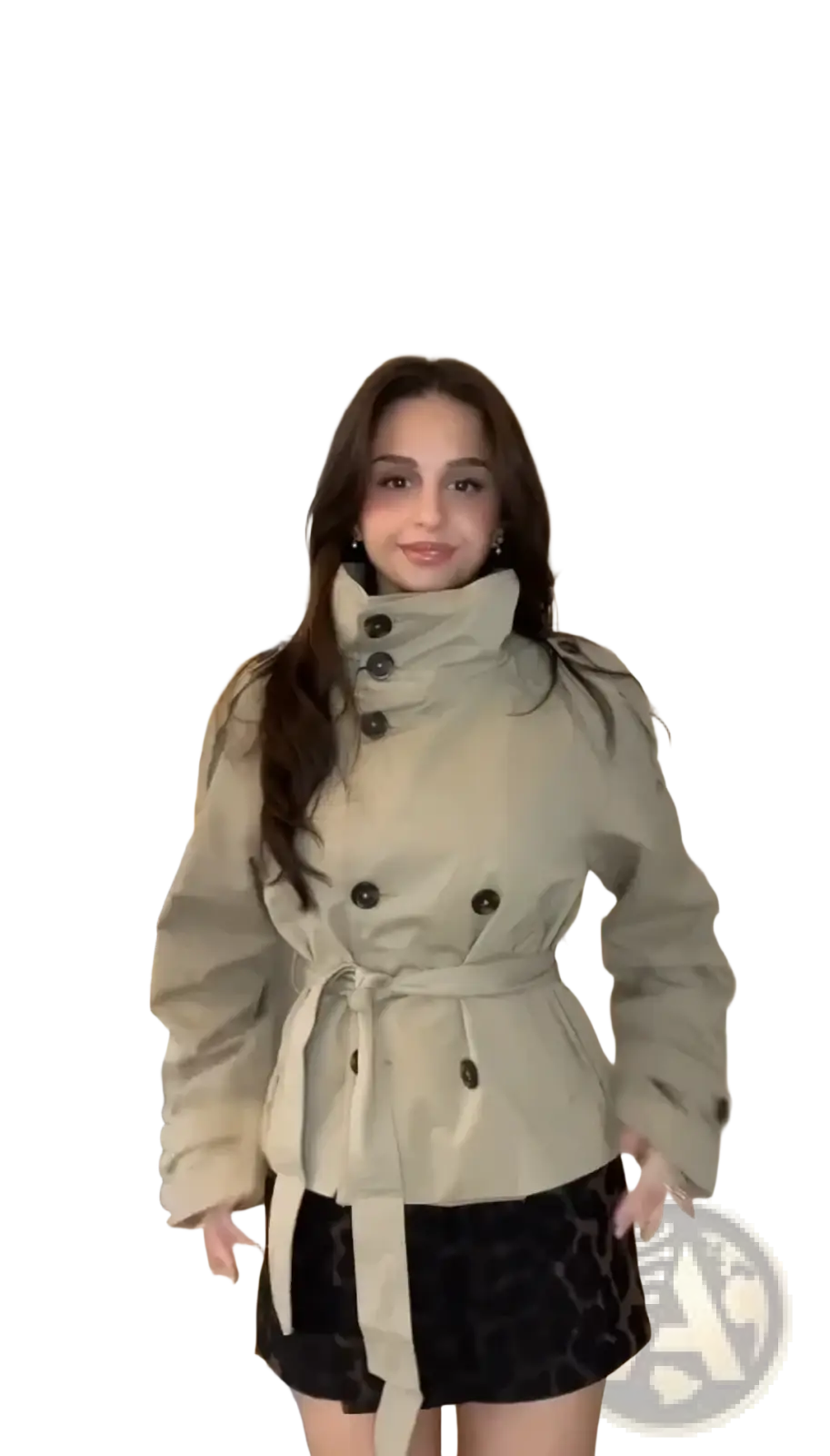 Beige cropped trench jacket with black buttons and belted waist double breasted autumn outerwear