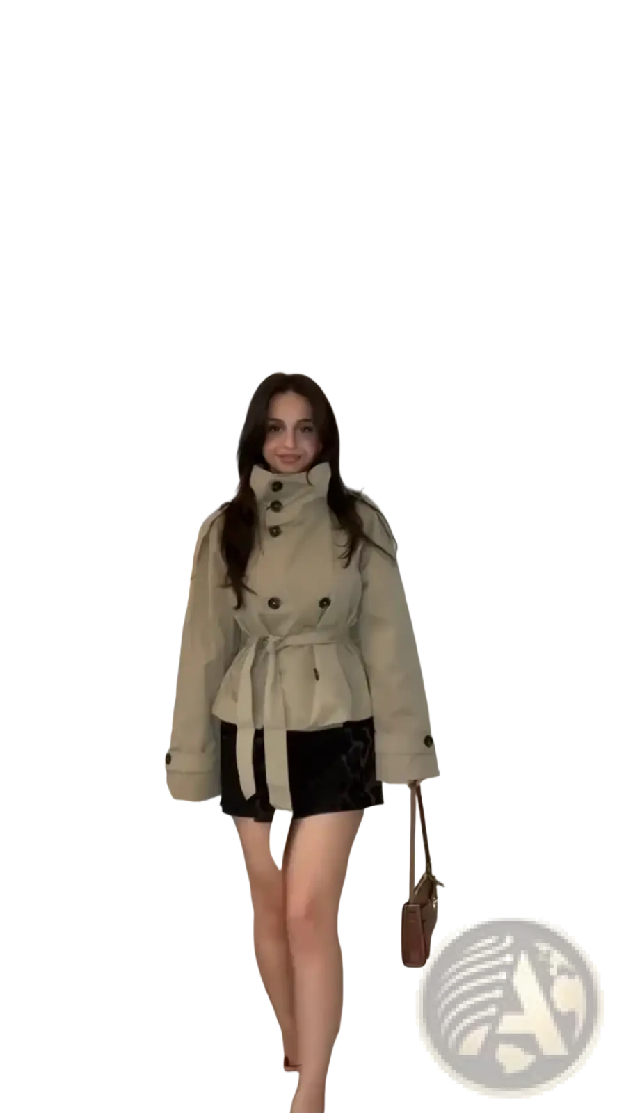 Beige cropped trench jacket with belted waist and buttoned collar for autumn outerwear featuring double breasted design