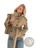 Beige cropped trench jacket with dark brown buttons and matching belt double breasted autumn outerwear