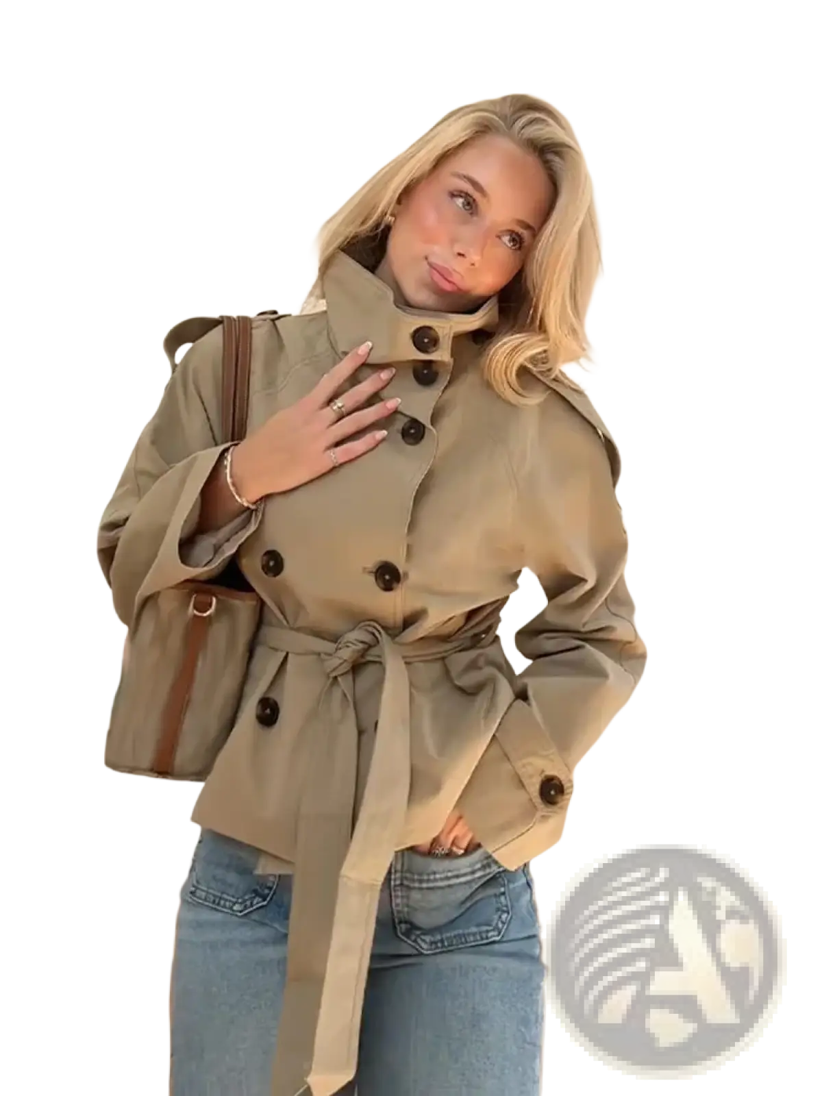 Beige cropped trench jacket with dark brown buttons and matching belt double breasted autumn outerwear