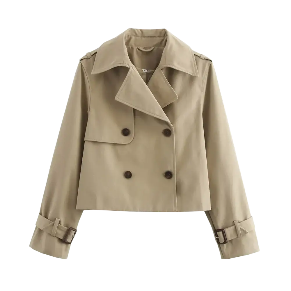 Beige double-breasted cropped trench jacket for women with dark brown buttons and adjustable belt cuffs for streetwear
