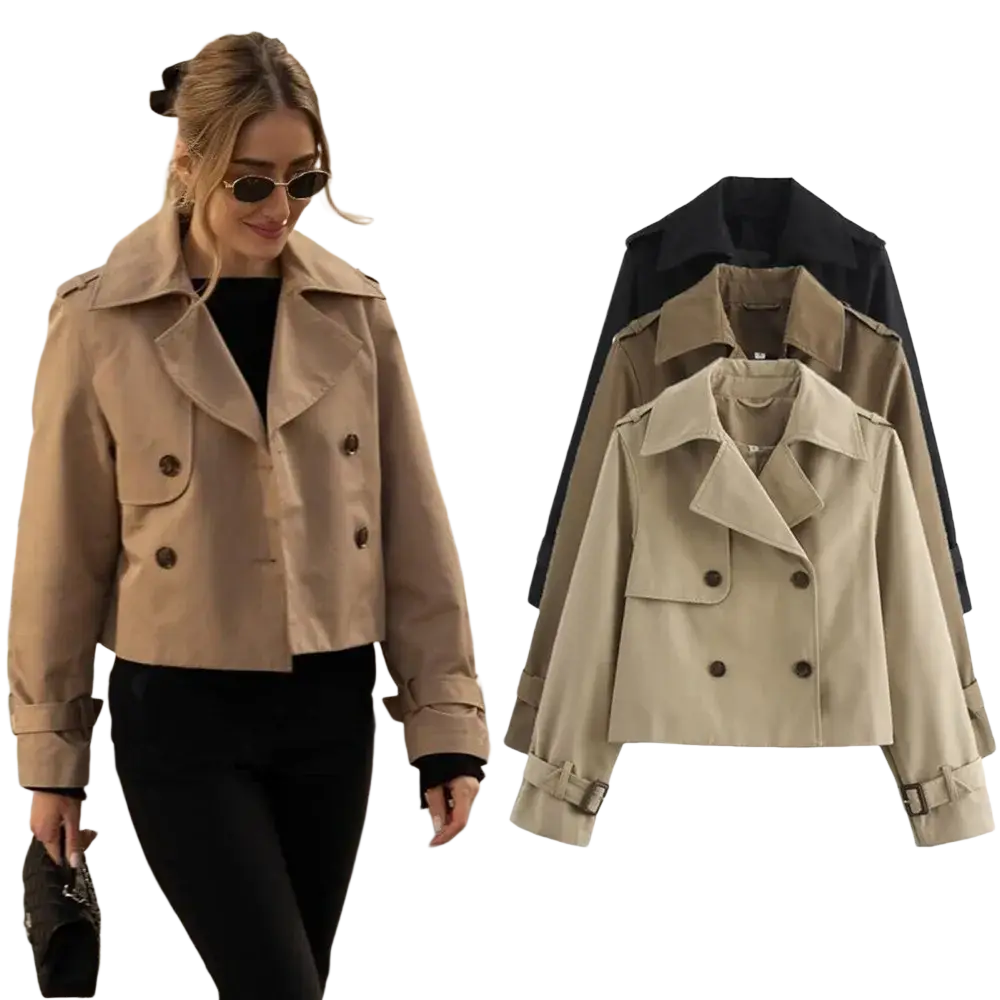 Beige cropped trench jacket for women with double-breasted front, brown buttons, and adjustable cuffs in streetwear style