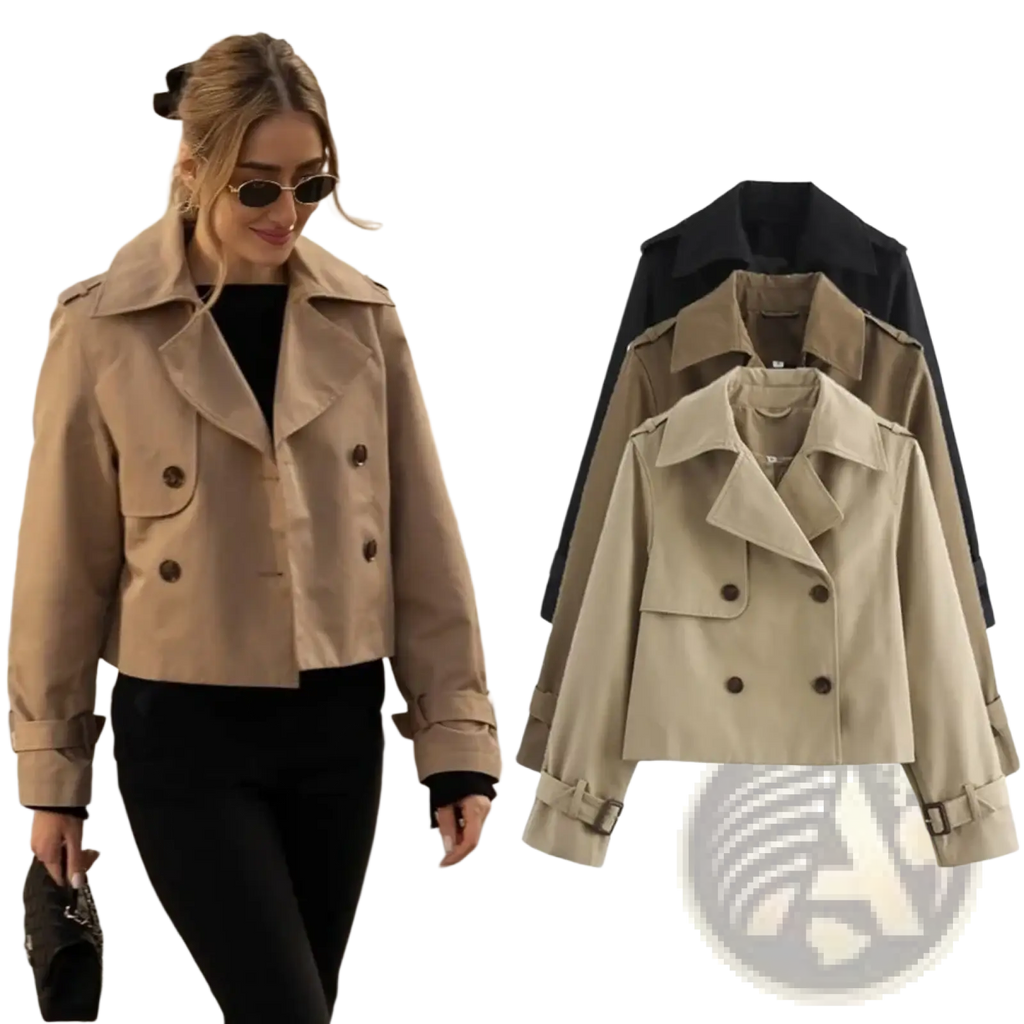 Beige cropped trench jacket for women with double-breasted front, brown buttons, and adjustable cuffs in streetwear style