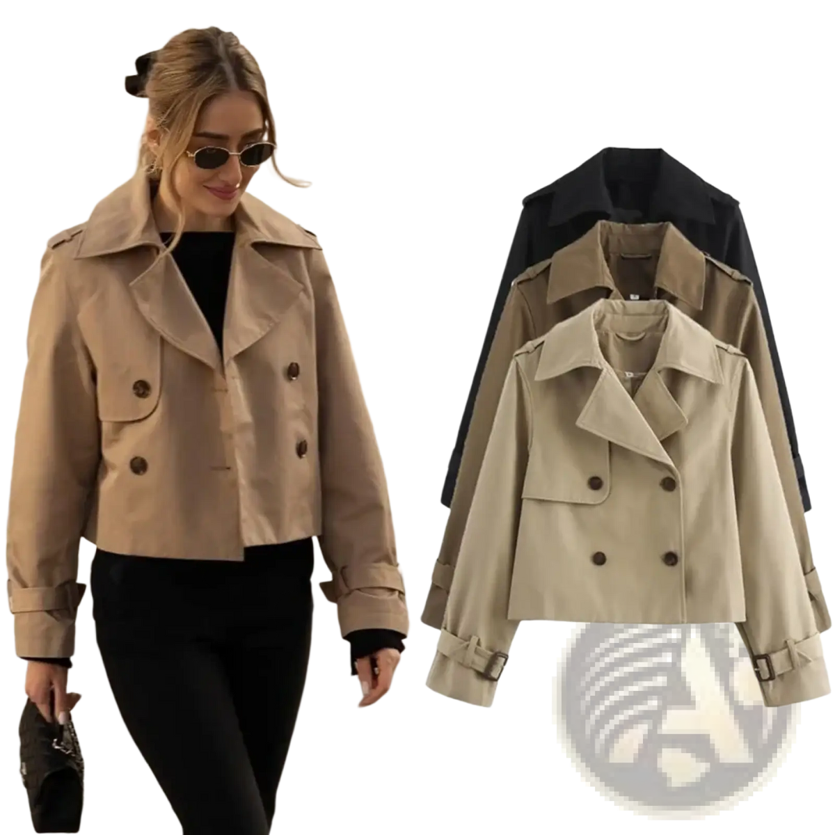 Beige cropped trench jacket for women with double-breasted front, brown buttons, and adjustable cuffs in streetwear style