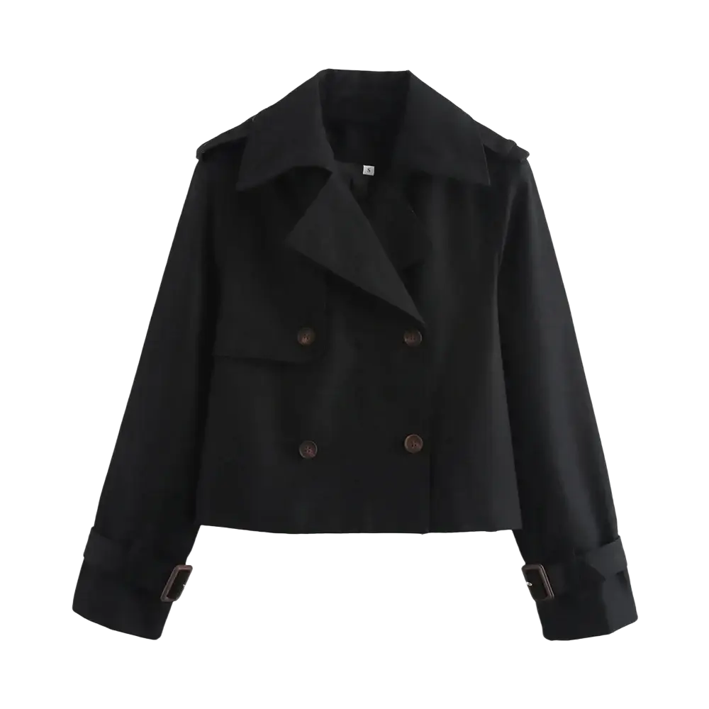 Black double breasted cropped trench jacket for women with brown buttons and adjustable cuffs for streetwear style