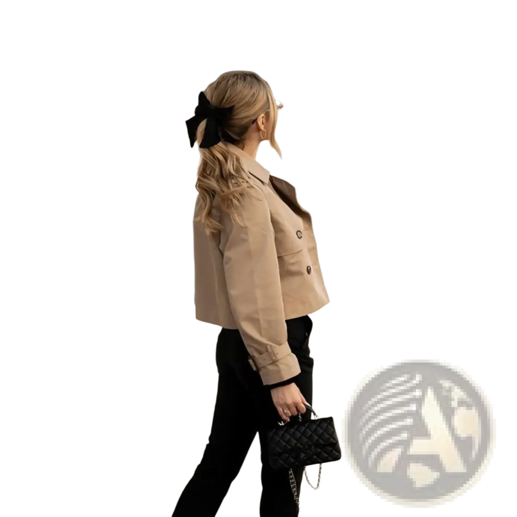 Black quilted leather handbag with chain strap paired with cropped trench jacket women double breasted streetwear