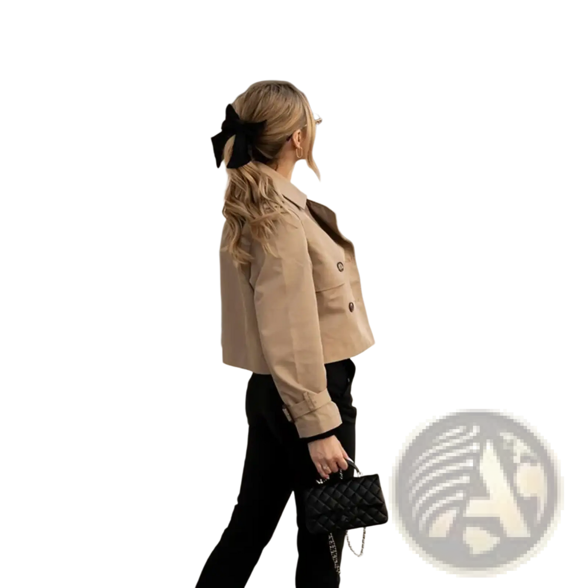 Black quilted leather handbag with chain strap paired with cropped trench jacket women double breasted streetwear