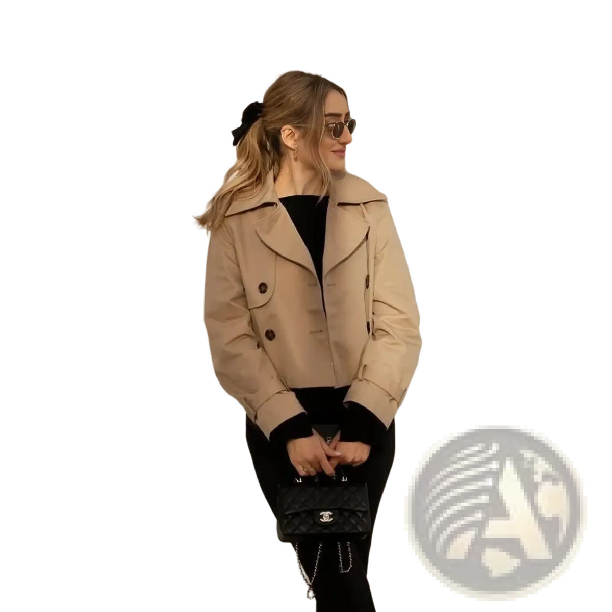 Black quilted leather Chanel handbag with silver chain strap paired with cropped trench jacket women double breasted streetwear