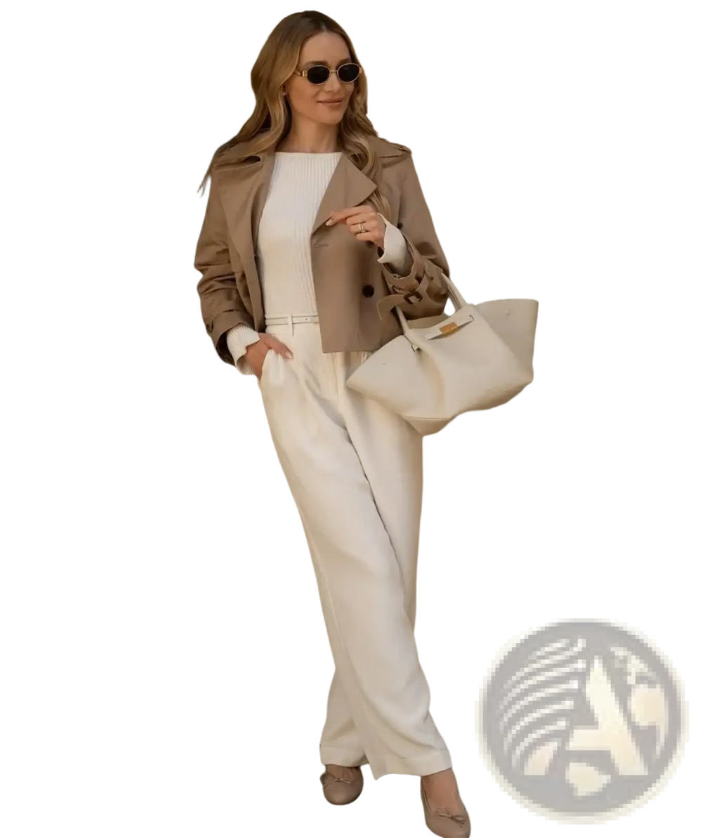 Cream-colored structured tote bag with minimalist design and gold-tone hardware paired with cropped trench jacket women double breasted streetwear