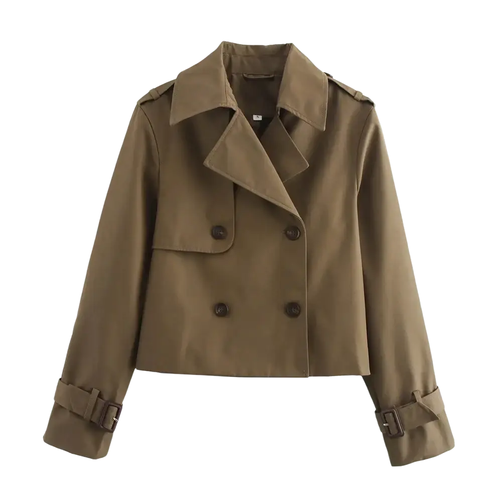 Khaki-colored double-breasted cropped trench jacket for women with dark brown buttons and adjustable cuffs streetwear style