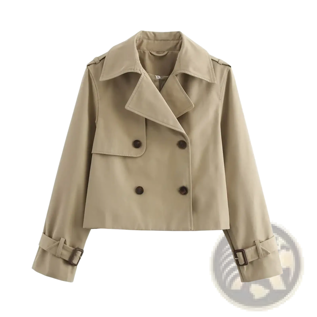 Beige double-breasted cropped trench jacket for women with dark brown buttons and adjustable belt cuffs for streetwear