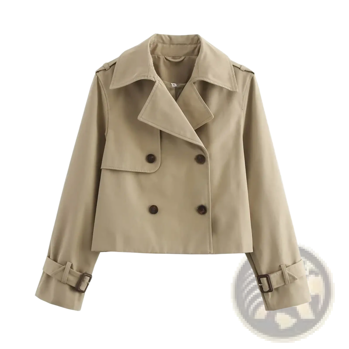 Beige double-breasted cropped trench jacket for women with dark brown buttons and adjustable belt cuffs for streetwear