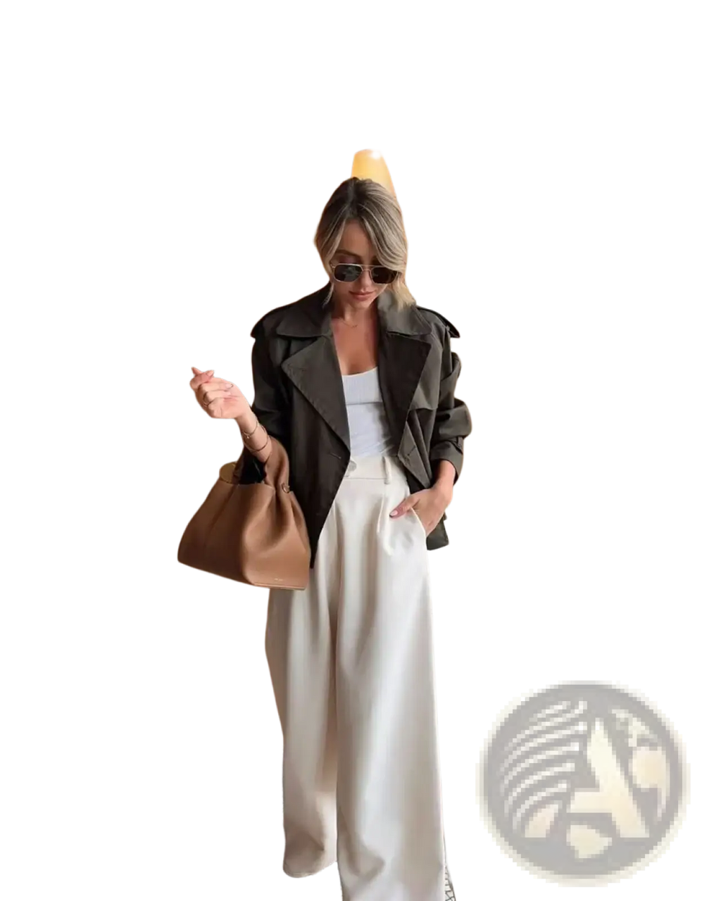 Tan leather tote bag with structured shape and top handle paired with cropped trench jacket women double breasted streetwear