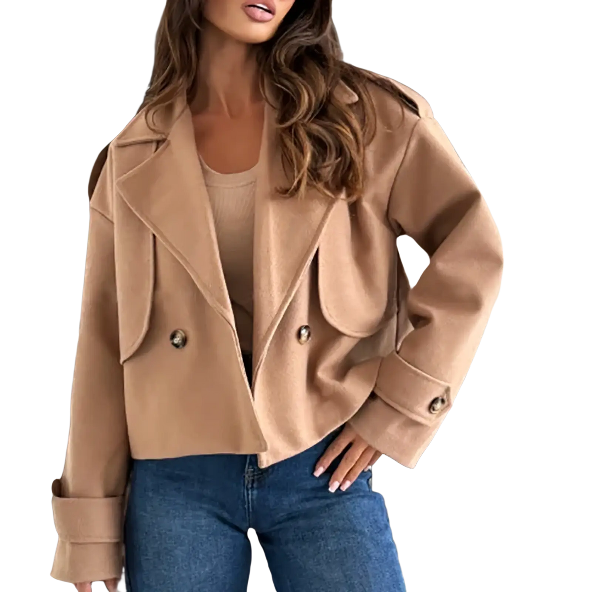 Beige double-breasted cropped wool blazer with soft textured fabric and classic lapel design for winter wear