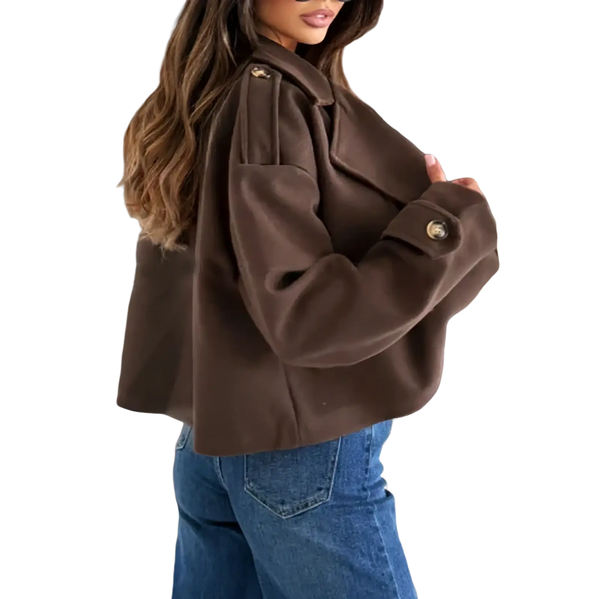 Brown cropped wool blazer with gold-tone buttons and structured collar double breasted winter coat front view