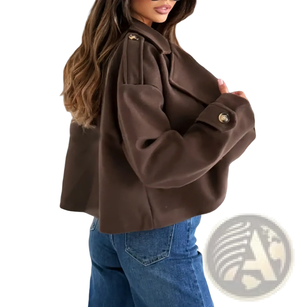 Brown cropped wool blazer with gold-tone buttons and structured collar double breasted winter coat front view