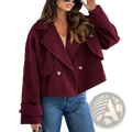 A stylish maroon cropped wool blazer double breasted winter coat with gold buttons and rolled cuffs
