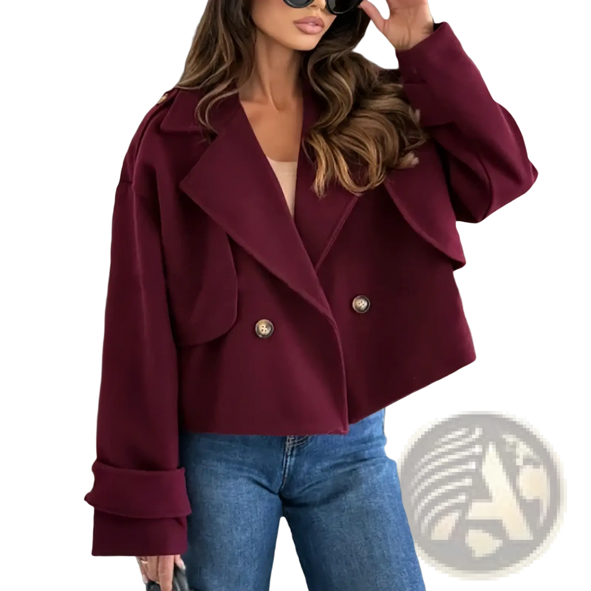 A stylish maroon cropped wool blazer double breasted winter coat with gold buttons and rolled cuffs