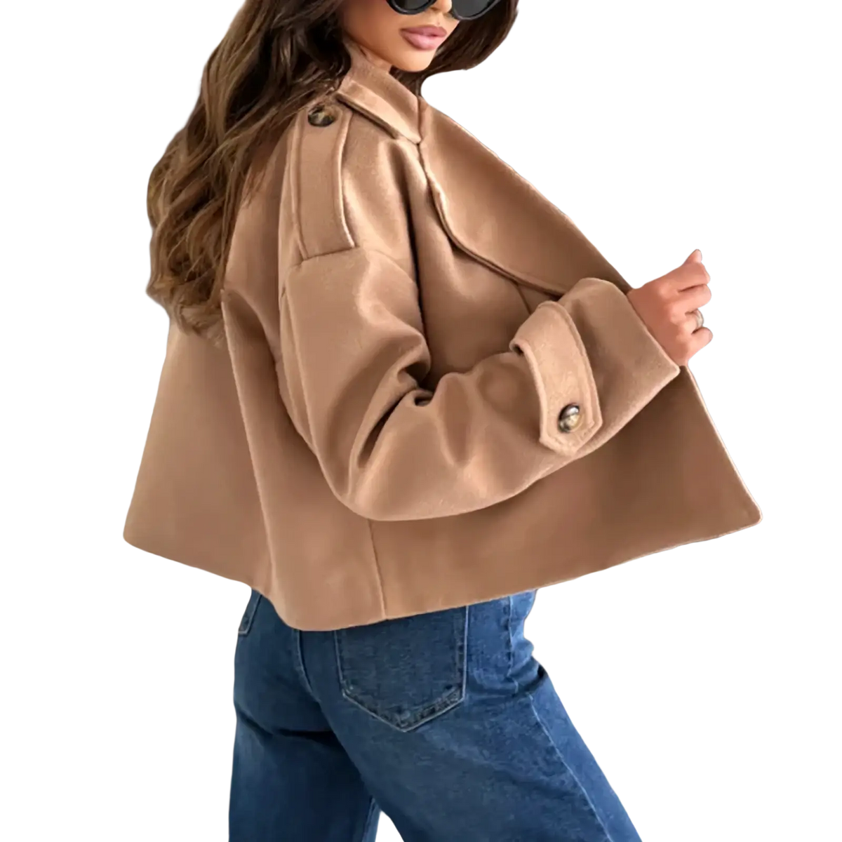 A camel-colored cropped wool blazer with buttoned cuffs and a structured collar for winter wear