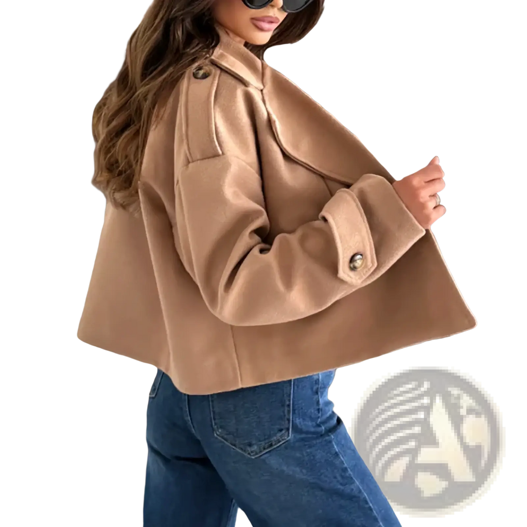 A camel-colored cropped wool blazer with buttoned cuffs and a structured collar for winter wear