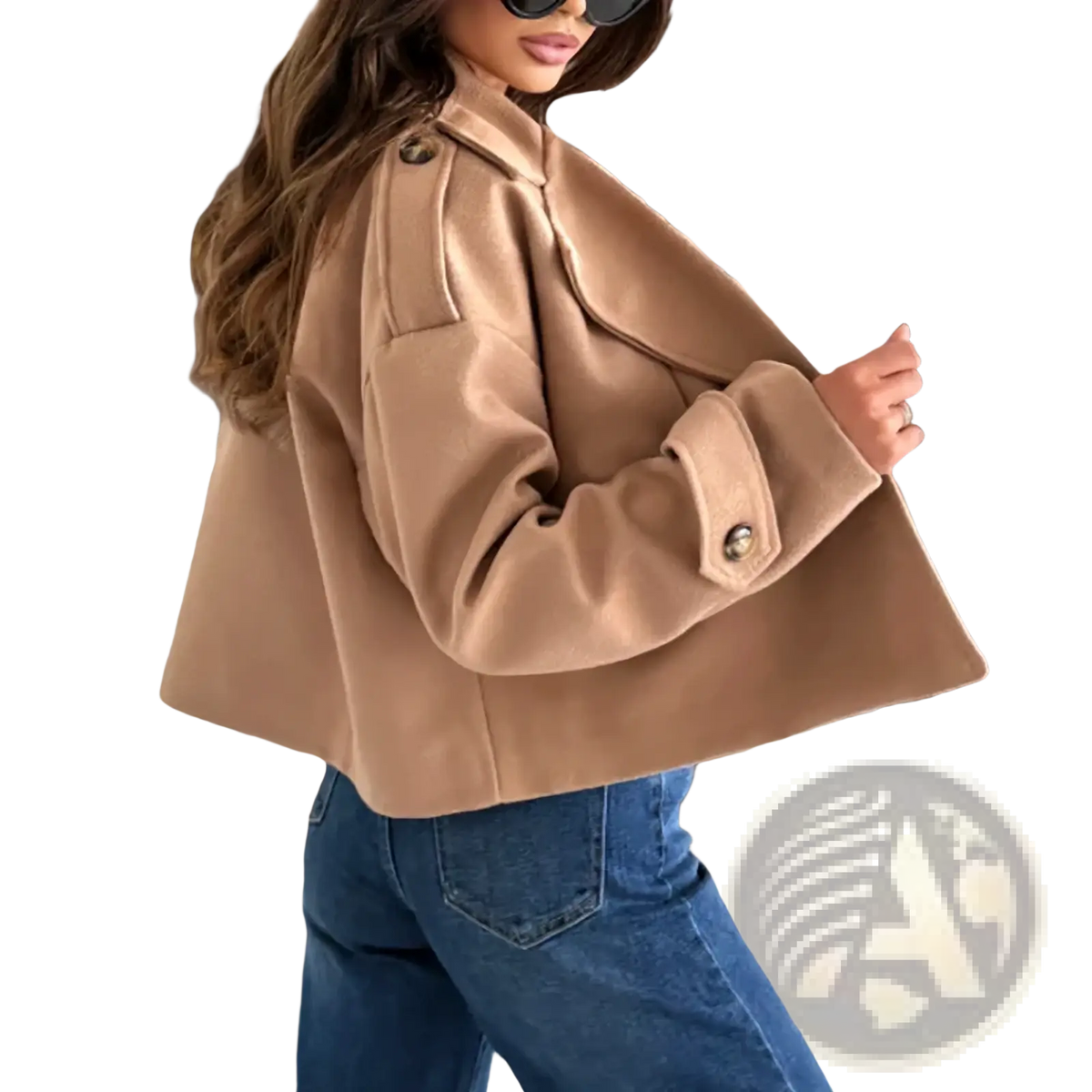 A camel-colored cropped wool blazer with buttoned cuffs and a structured collar for winter wear