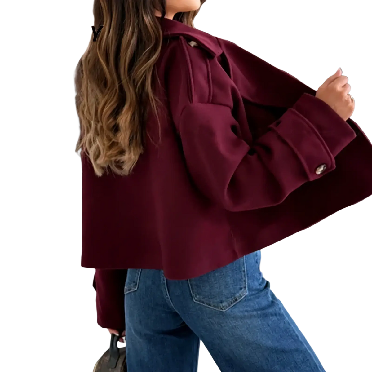 A maroon cropped wool blazer with structured collar and buttoned cuffs in a double breasted winter coat design