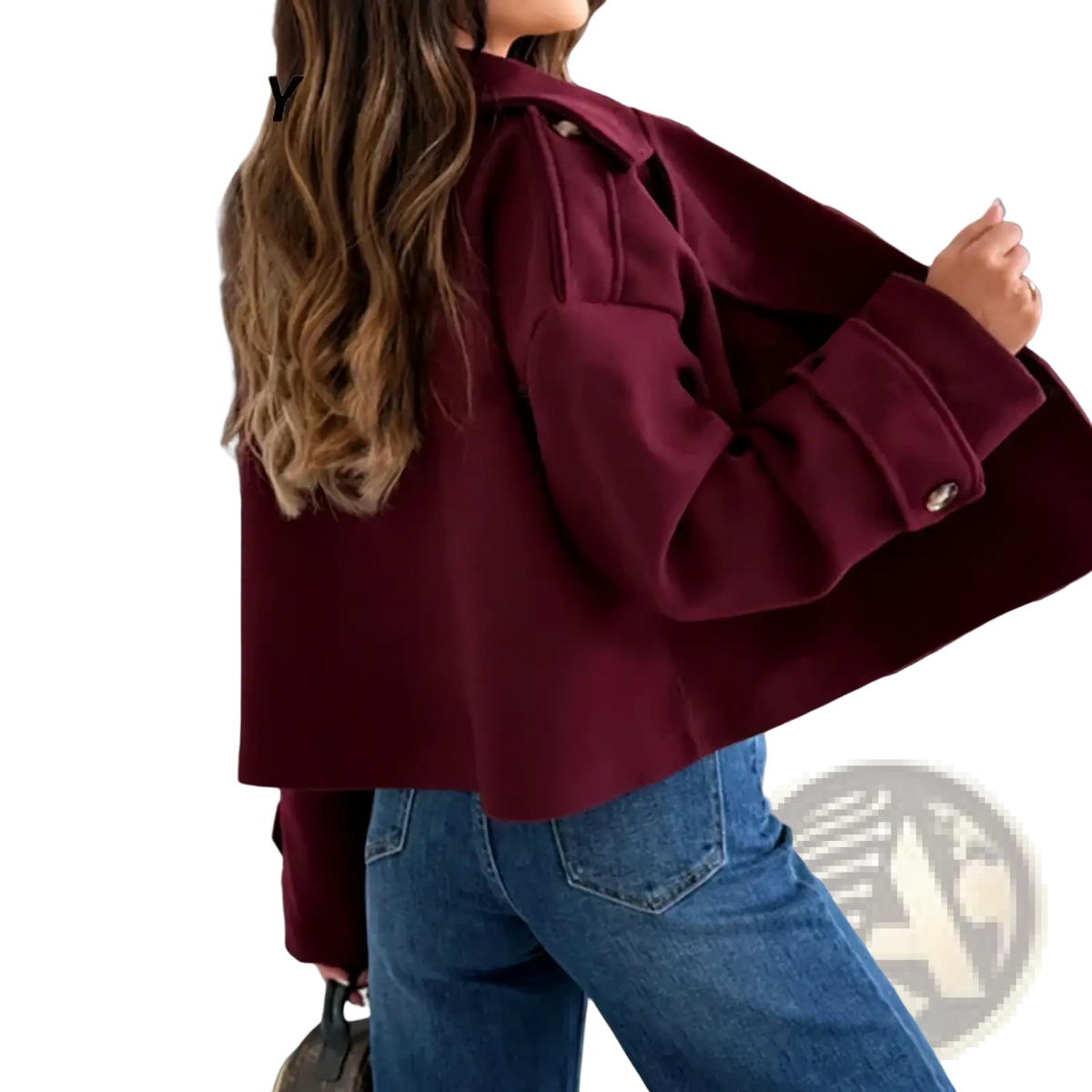 A maroon cropped wool blazer with structured collar and buttoned cuffs in a double breasted winter coat design