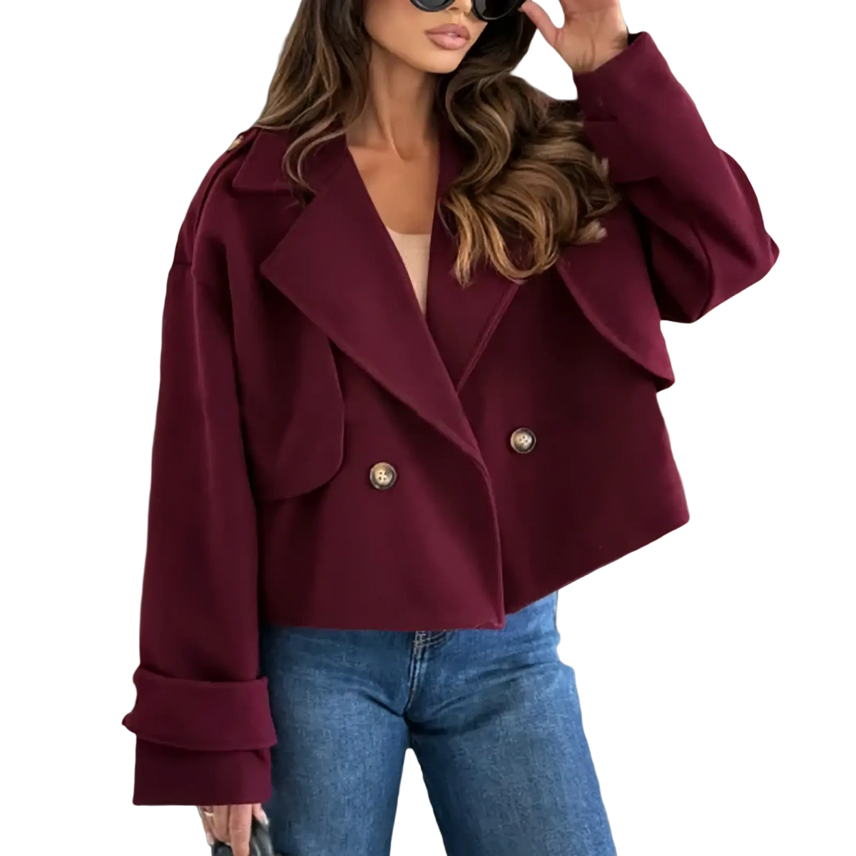 A stylish maroon cropped wool blazer double breasted winter coat with gold buttons and rolled cuffs