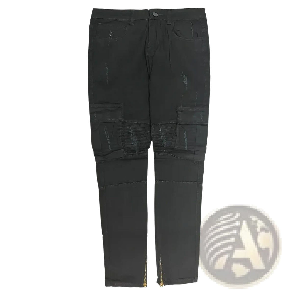Black distressed denim cross embroidered baggy wide leg jeans with reinforced patches and ankle zipper accents