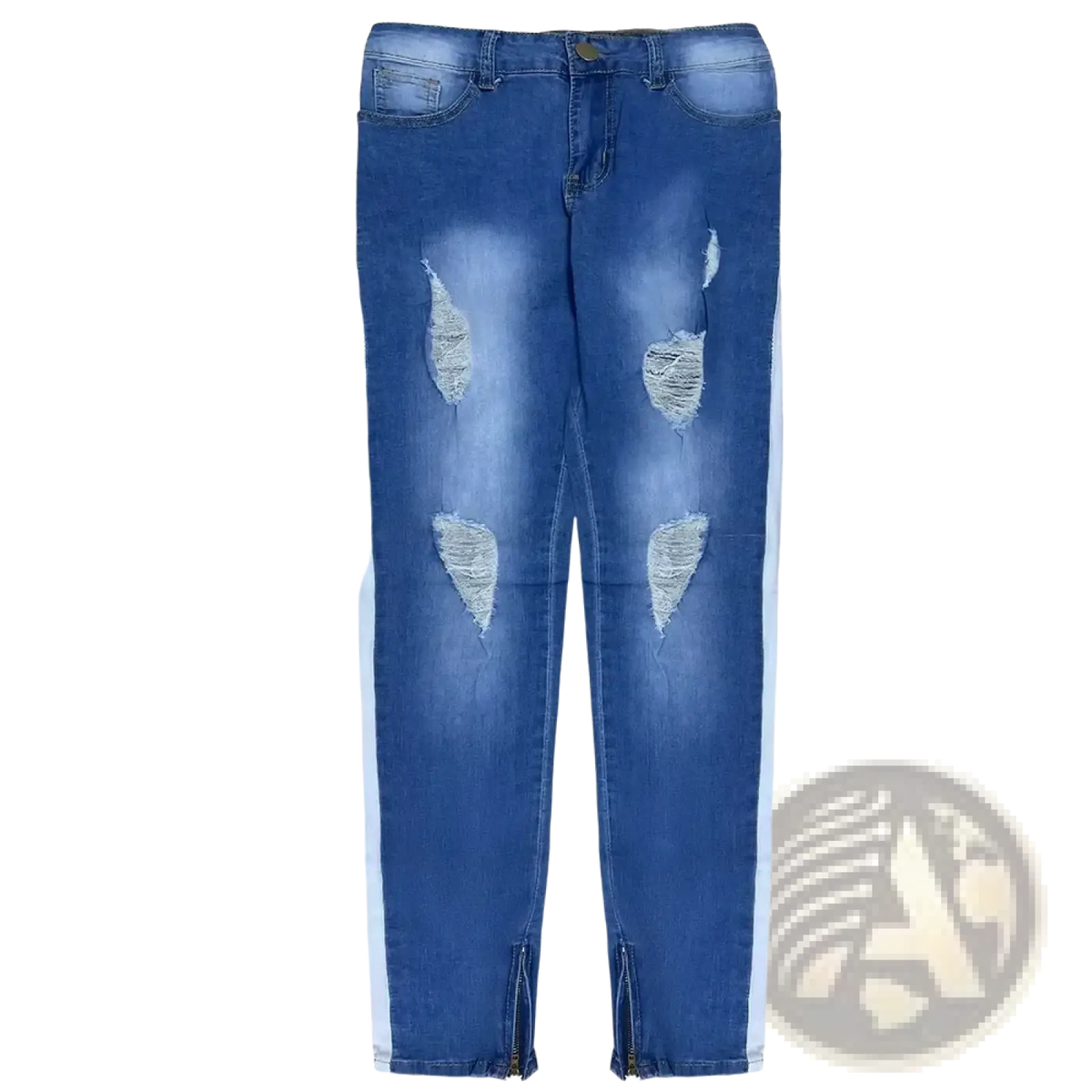 Cross embroidered baggy wide leg denim jeans in blue with distressed patches and white side stripes on denim material