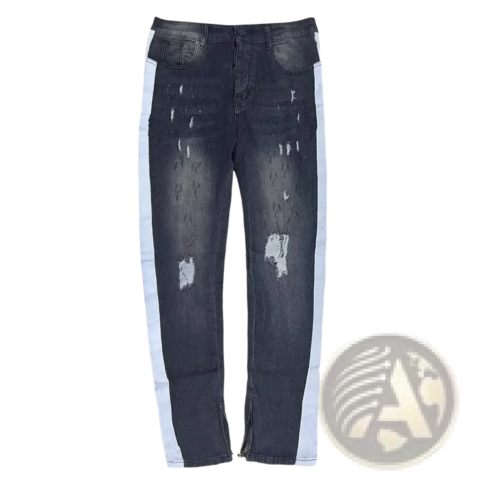 Dark wash denim cross embroidered baggy wide leg jeans with light blue vertical stripes and distressed details