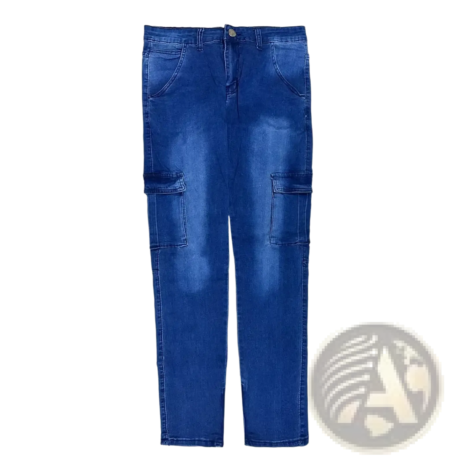 Blue denim Cross embroidered baggy wide leg jeans with large side pockets and classic button fly front view