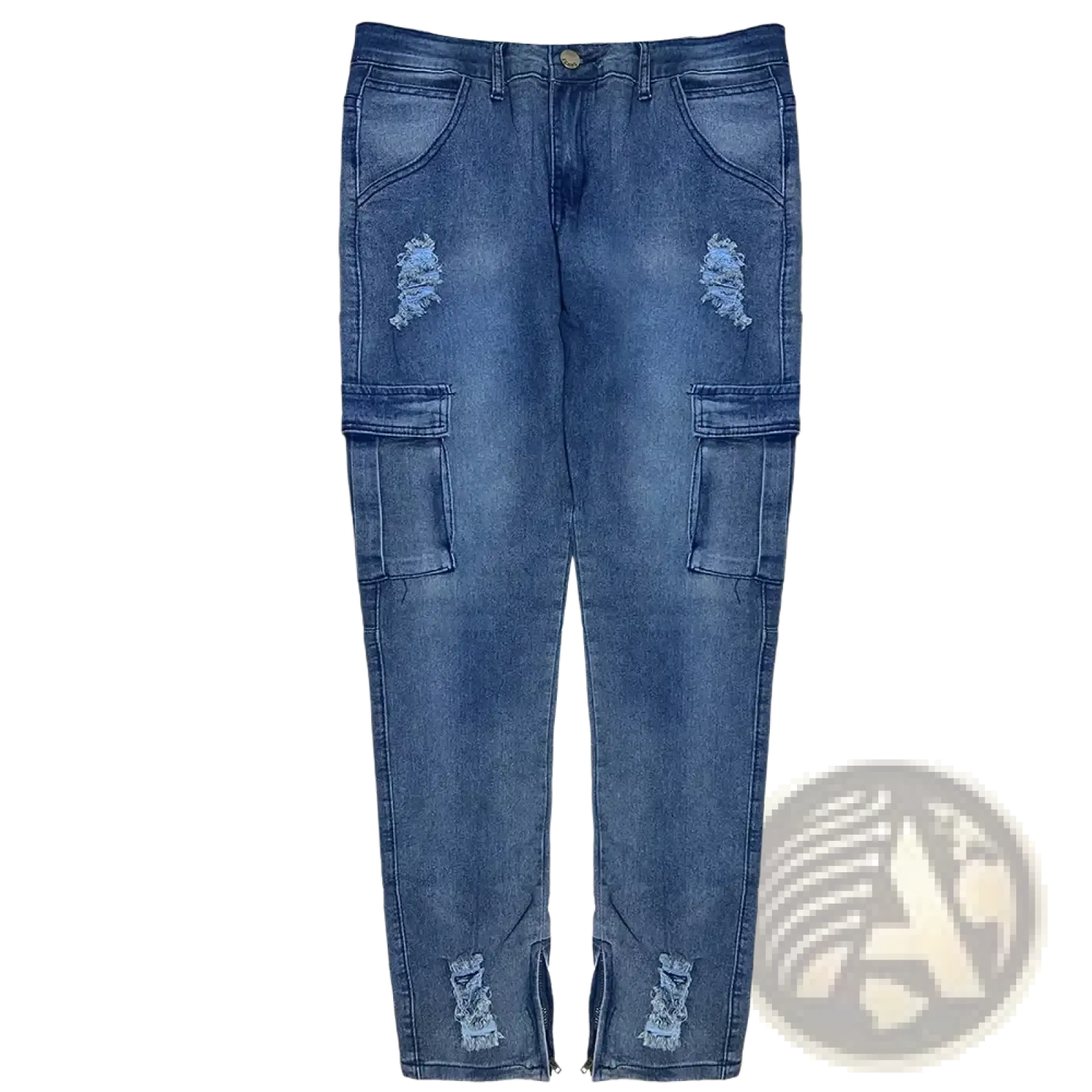 Blue denim cargo pants with distressed patches and zipper cuffs featured in cross embroidered baggy wide leg denim jeans