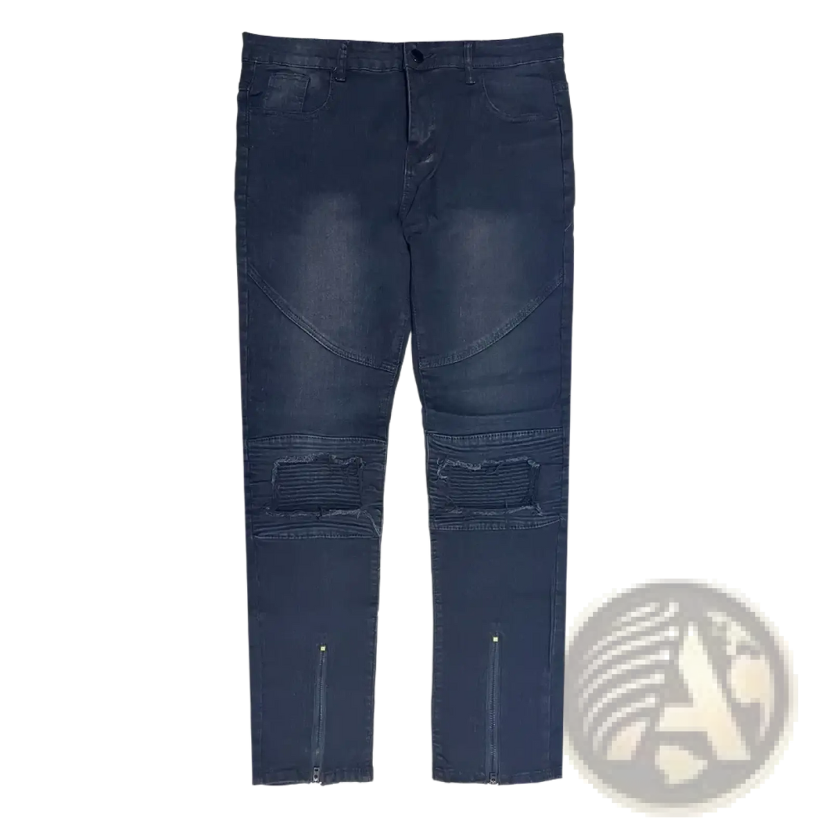 Dark blue denim cross embroidered baggy wide leg jeans with distressed knees and zipper accents at the cuffs